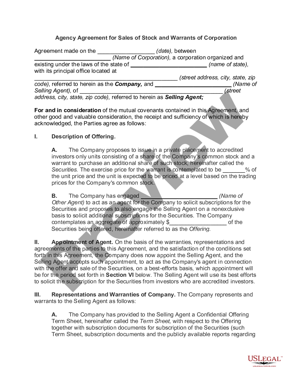 page 0 Agency Agreement for Sales of Stock and Warrants of Corporation preview