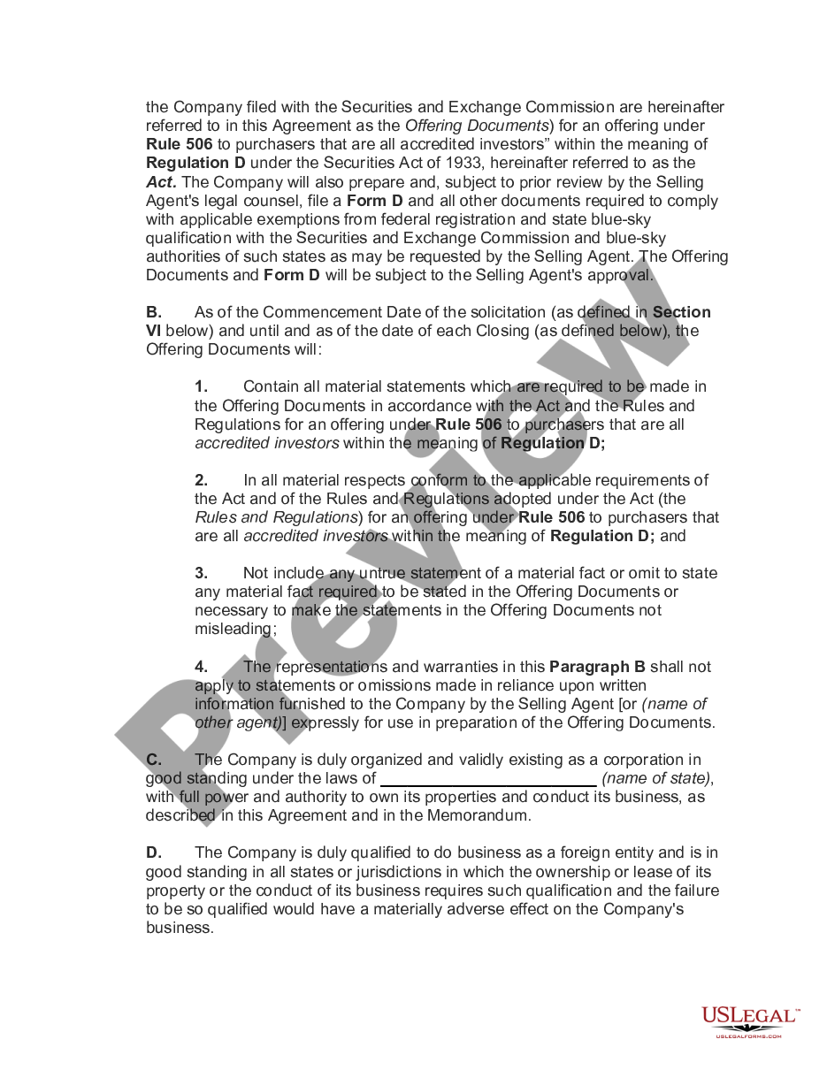page 1 Agency Agreement for Sales of Stock and Warrants of Corporation preview