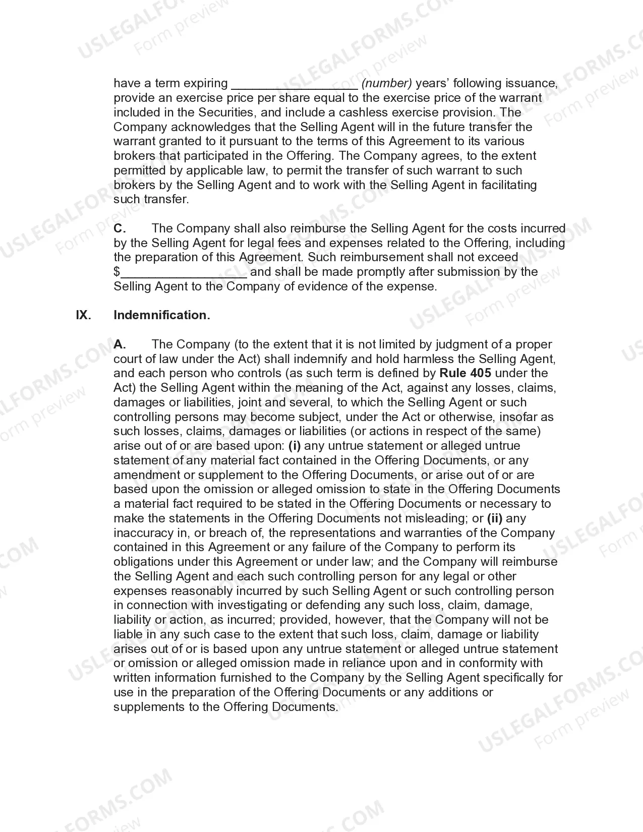 Preview Agency Agreement for Sales of Stock and Warrants of Corporation