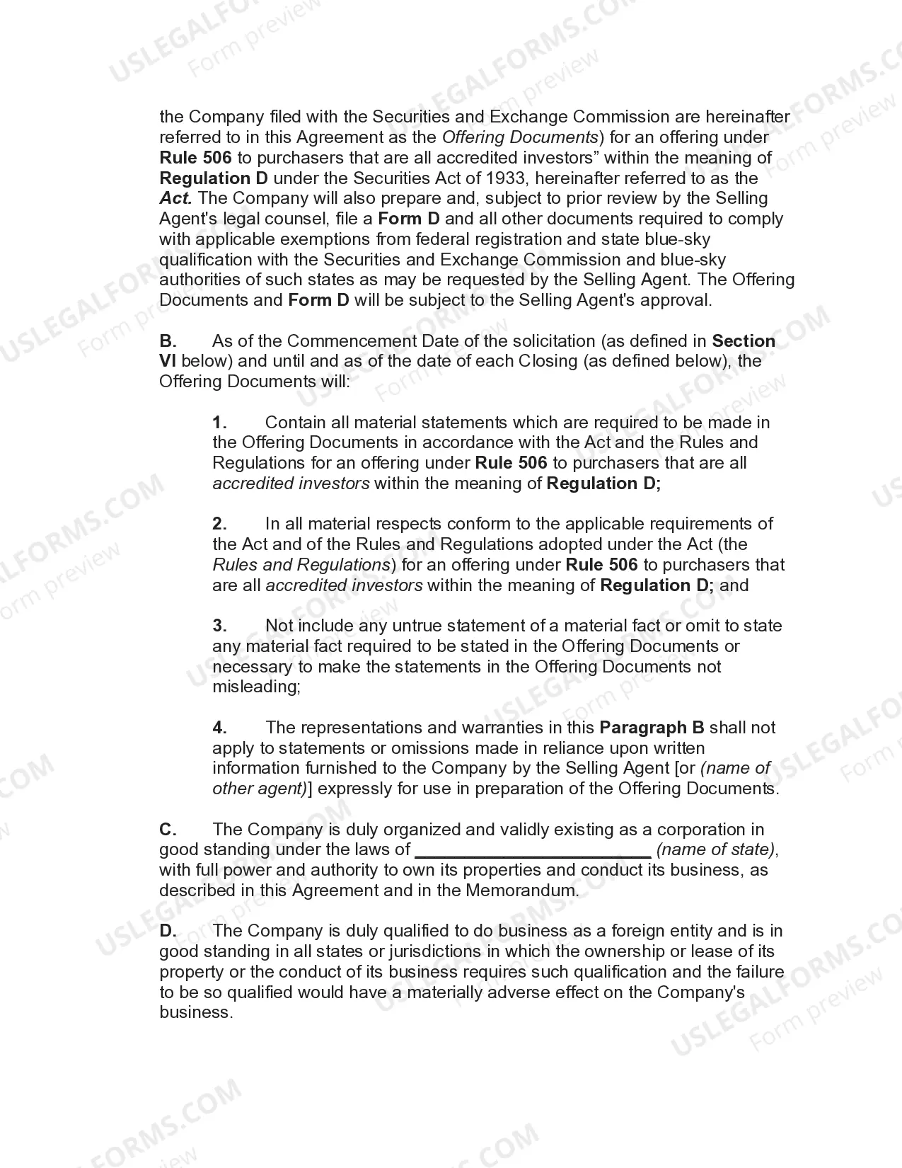 Preview Agency Agreement for Sales of Stock and Warrants of Corporation