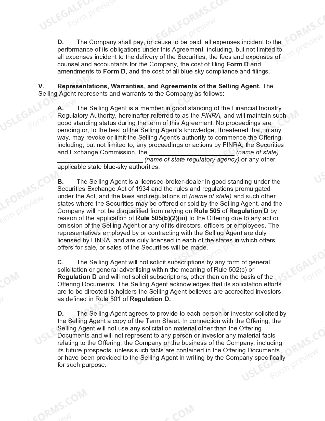 Preview Agency Agreement for Sales of Stock and Warrants of Corporation