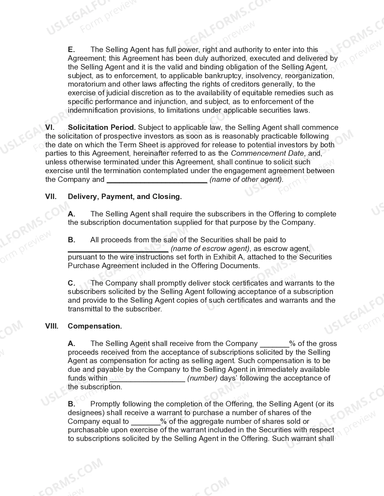 Preview Agency Agreement for Sales of Stock and Warrants of Corporation