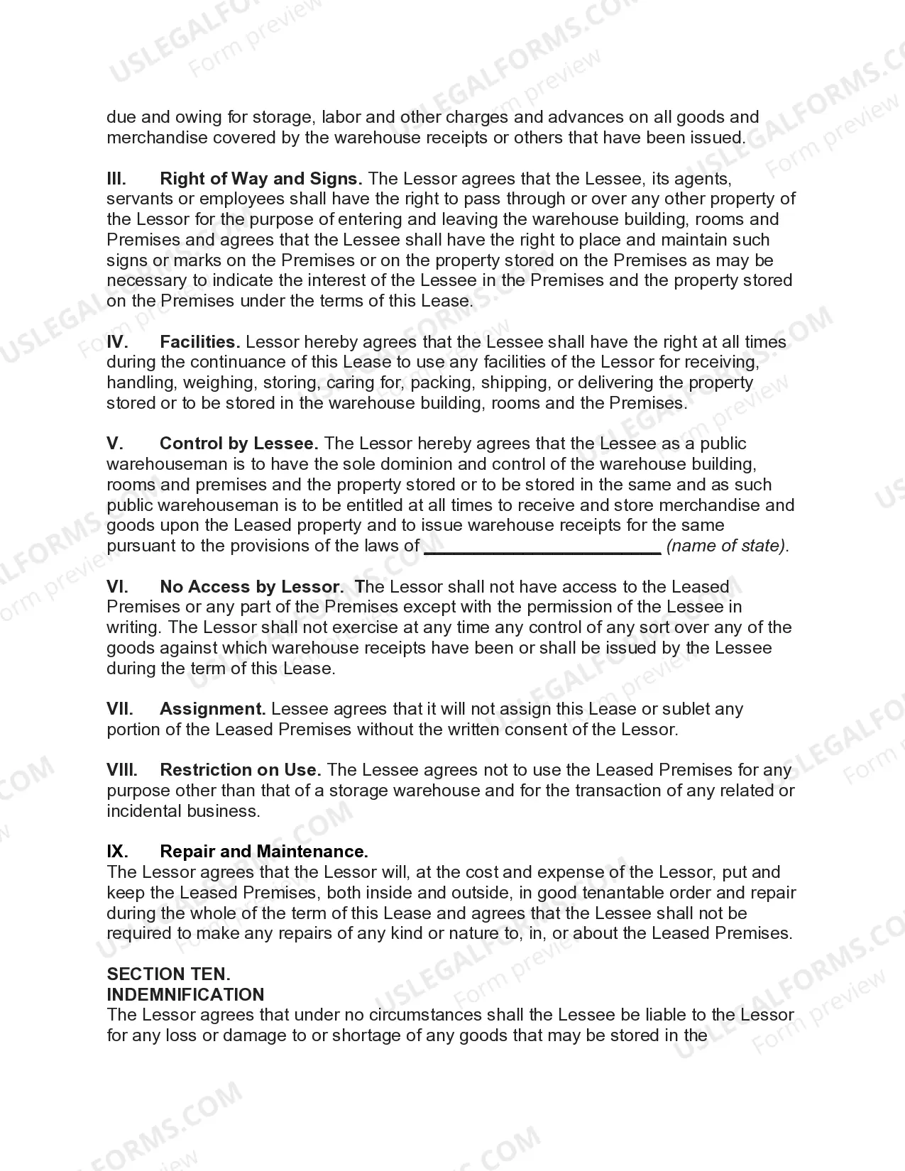 Preview Field Warehouse Storage and Indemnity Agreement