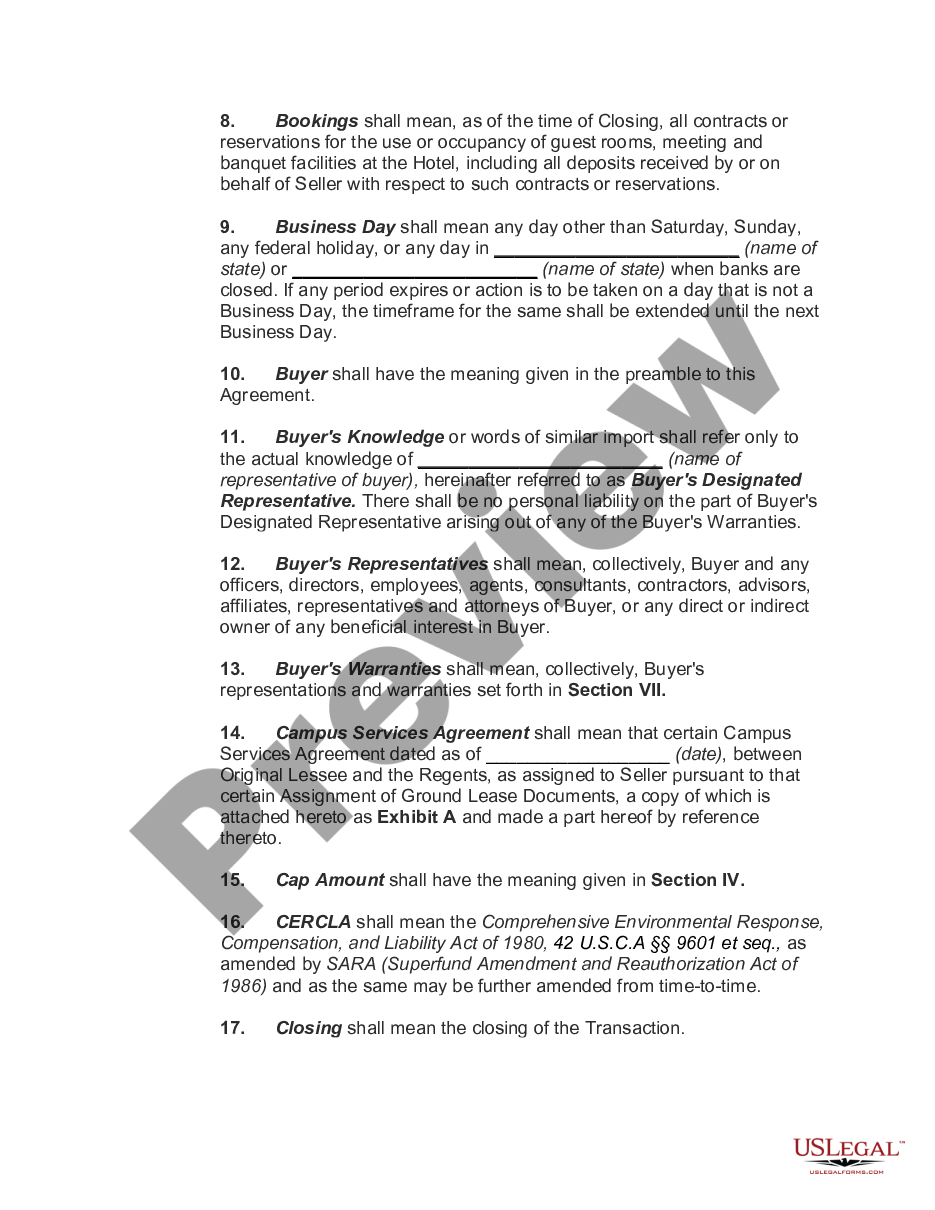 page 1 Hotel Asset Purchase and Sale Agreement preview