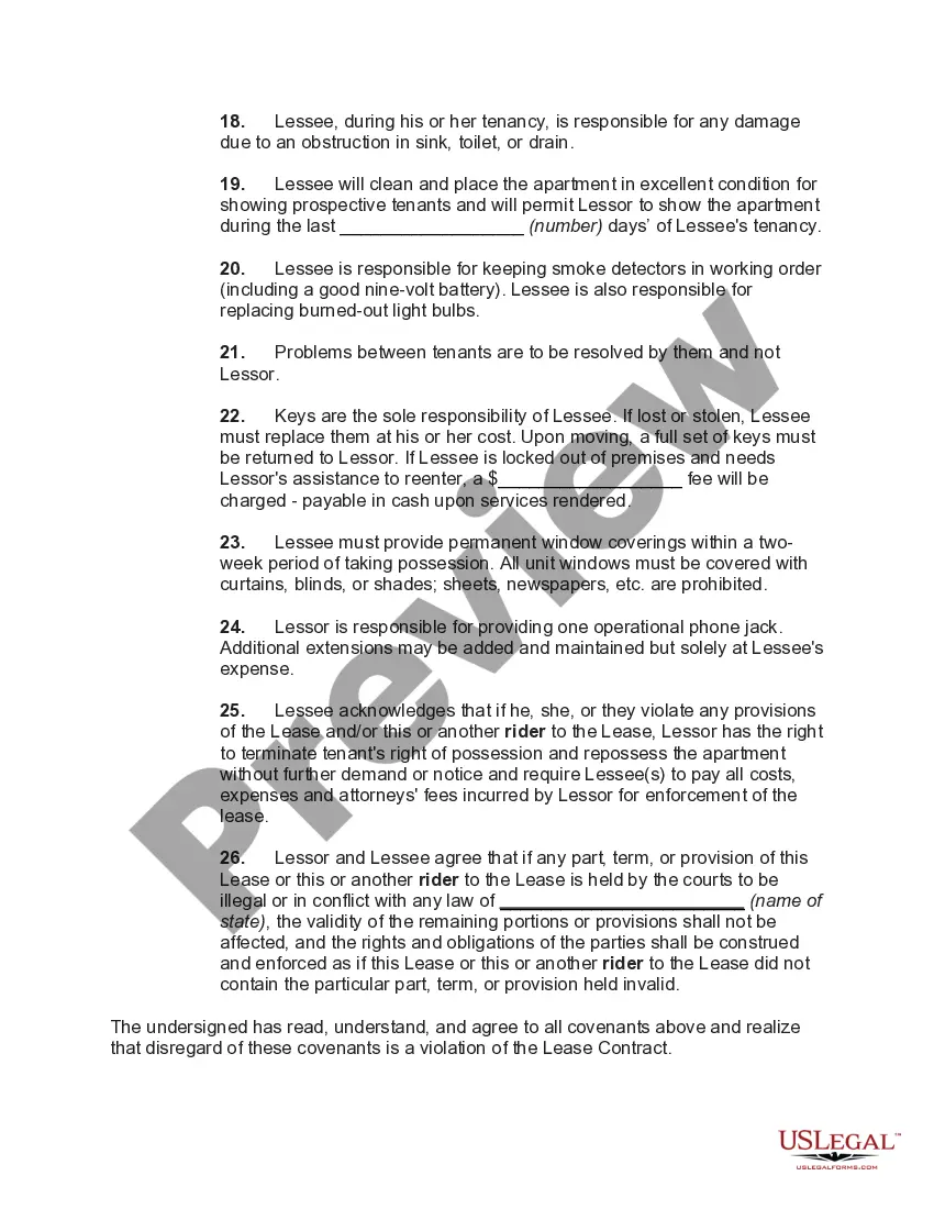 Preview Rider to Rules and Regulations for Lease of Apartment