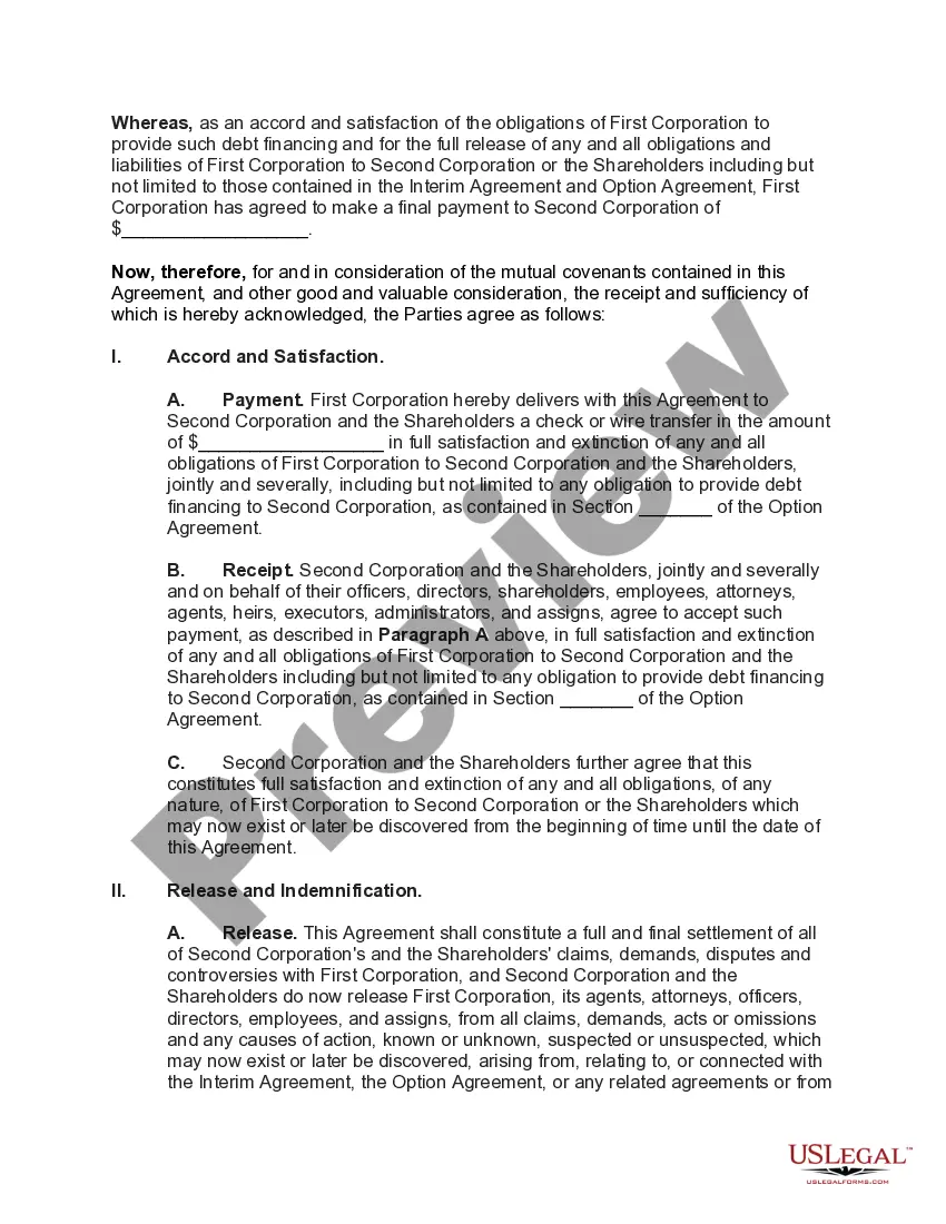 Get Accord and Satisfaction Release Agreement Regarding Dispute between Two Corporations and Shareholders Regarding Obligations under Stock Option Agreement Preview Accord and Satisfaction Release Agreement Regarding Dispute between Two Corporations and Shareholders Regarding Obligations under Stock Option Agreement