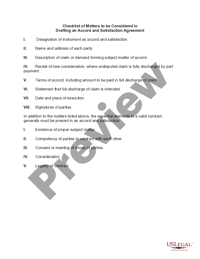 Checklist of Matters to be Considered in Drafting an Accord and