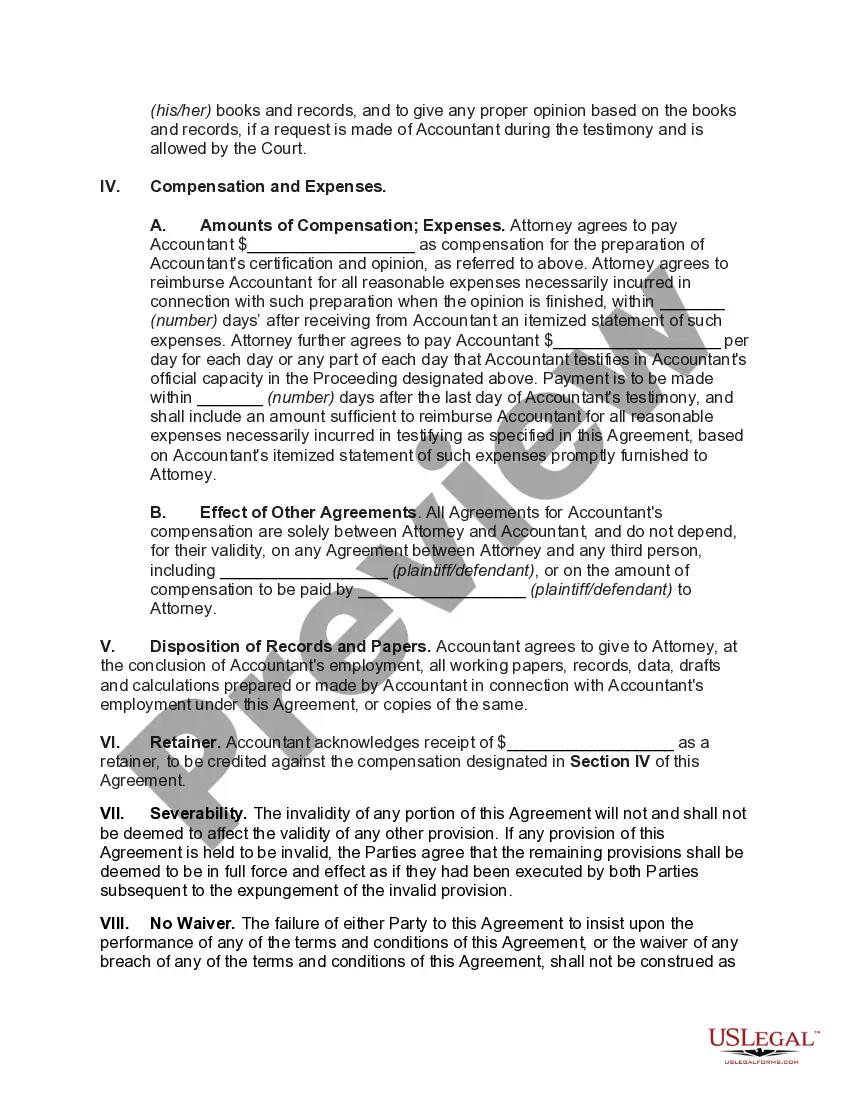 Get Agreement for Services between Attorney and Accountant to Audit Party's Financial Condition and to Testify in Court Preview Agreement for Services between Attorney and Accountant to Audit Party's Financial Condition and to Testify in Court