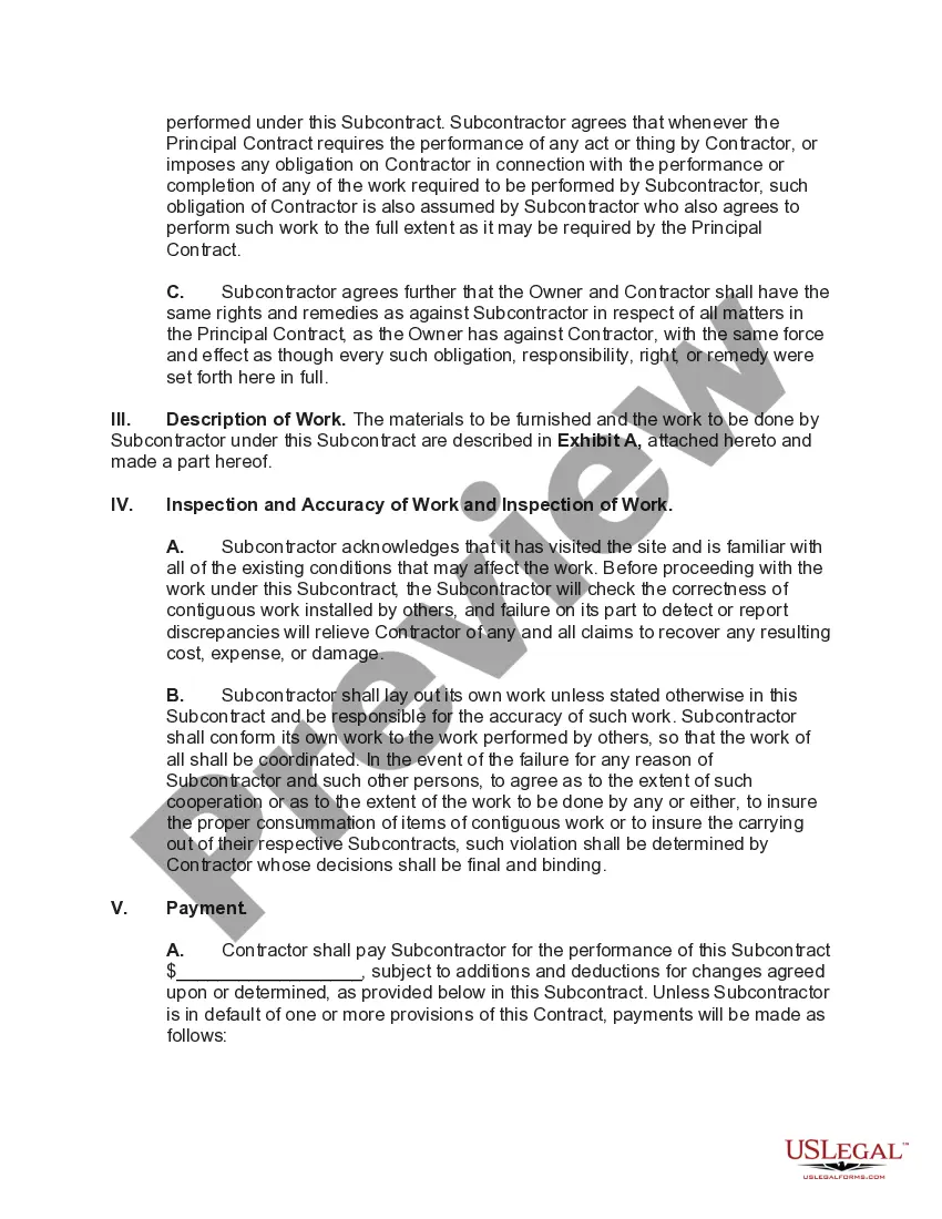 Get Subcontract for Construction of Portion of or Materials to go into Building Preview Subcontract for Construction of Portion of or Materials to go into Building
