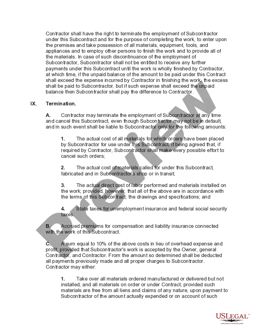 Get Subcontract for Construction of Portion of or Materials to go into Building Preview Subcontract for Construction of Portion of or Materials to go into Building