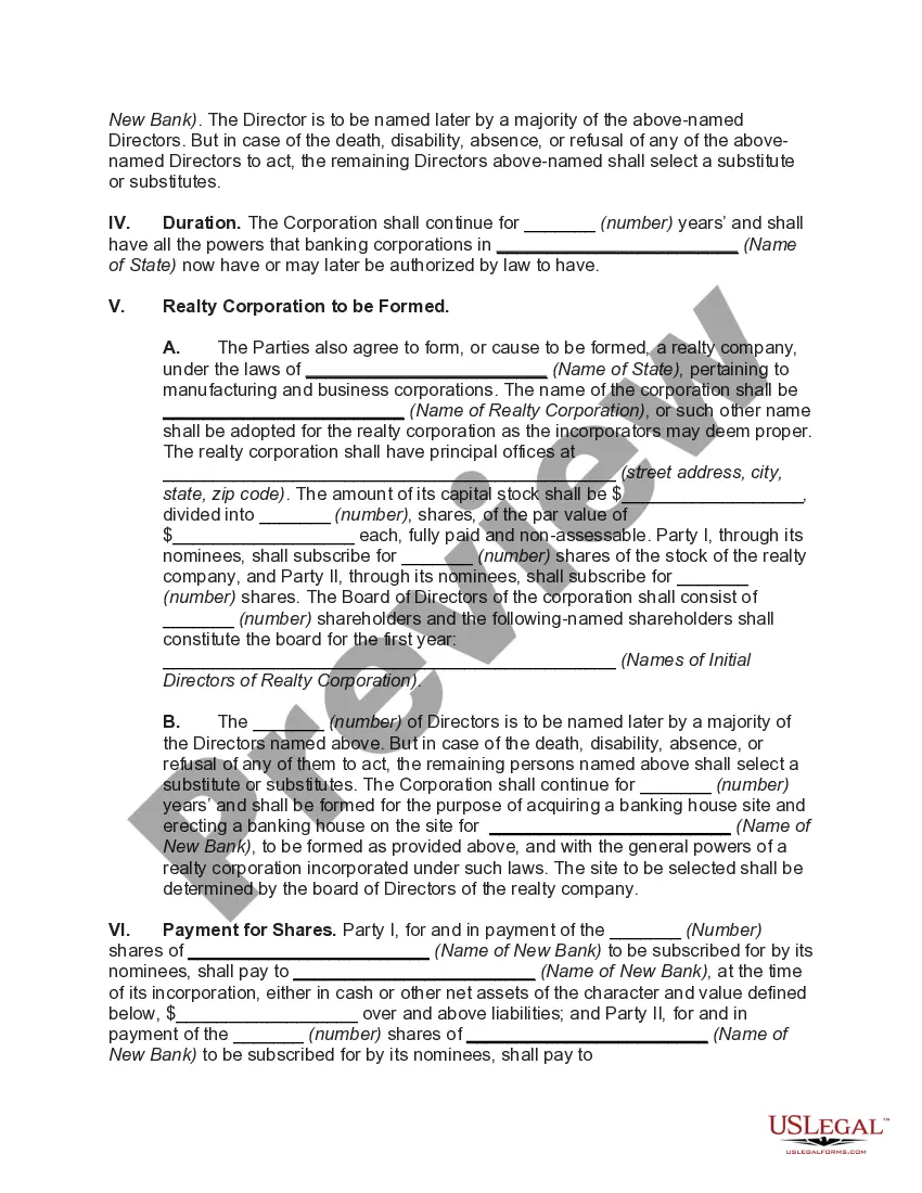 Preview Agreement to Consolidate and Form New Bank