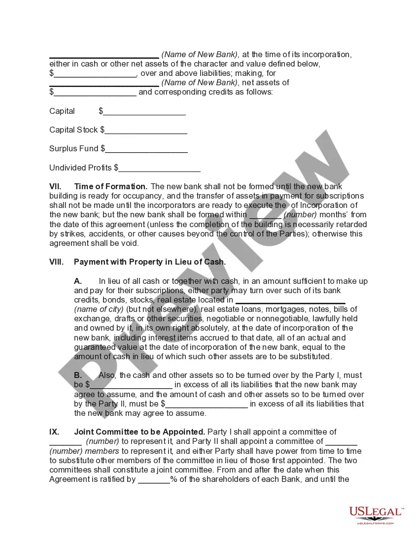 Preview Agreement to Consolidate and Form New Bank