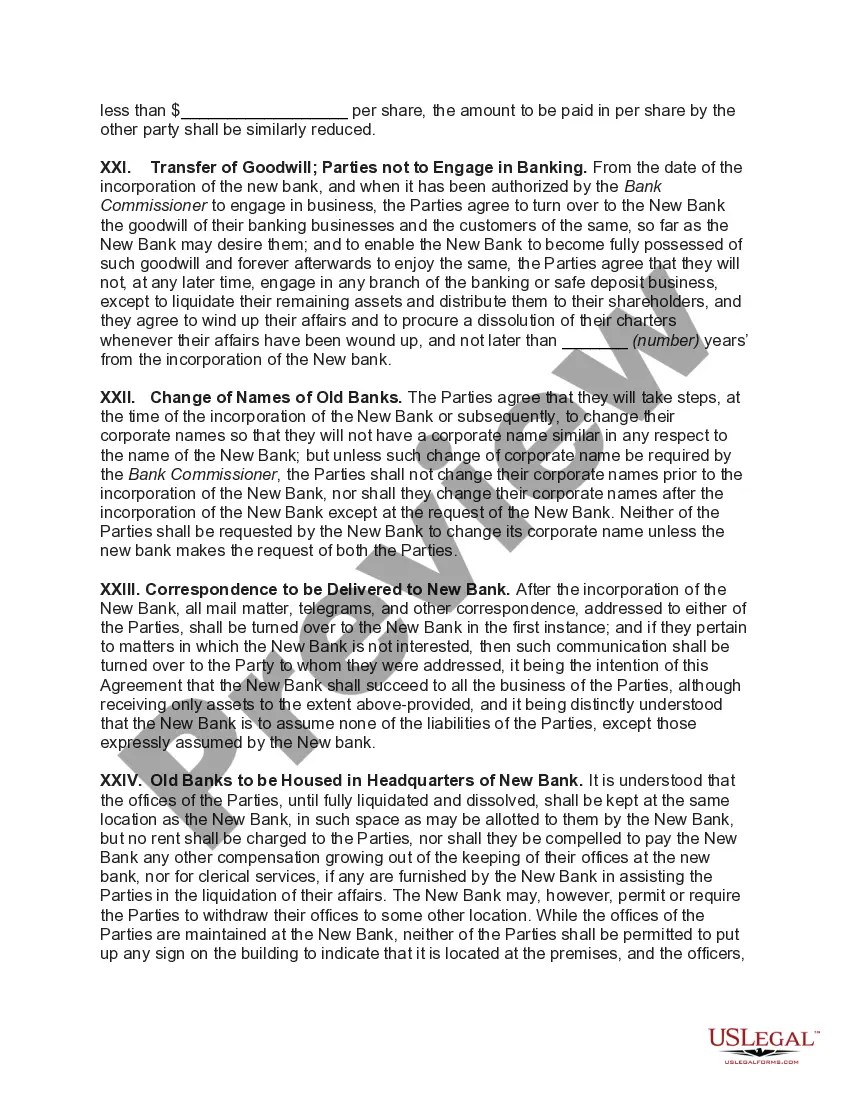 Preview Agreement to Consolidate and Form New Bank