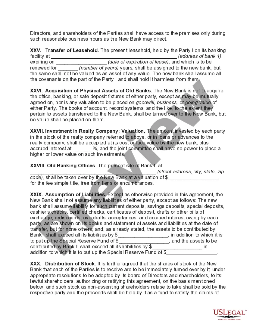 Preview Agreement to Consolidate and Form New Bank