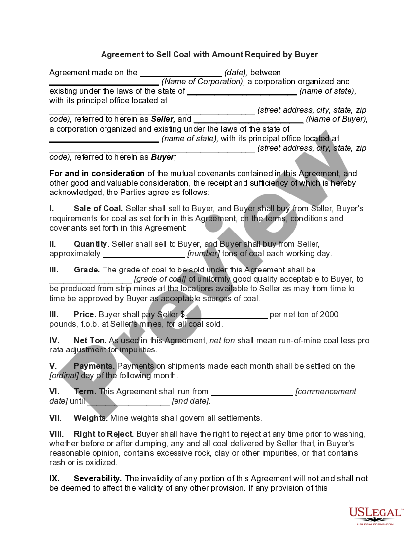 Agreement to Sell Coal with Amount Required by Buyer US Legal Forms