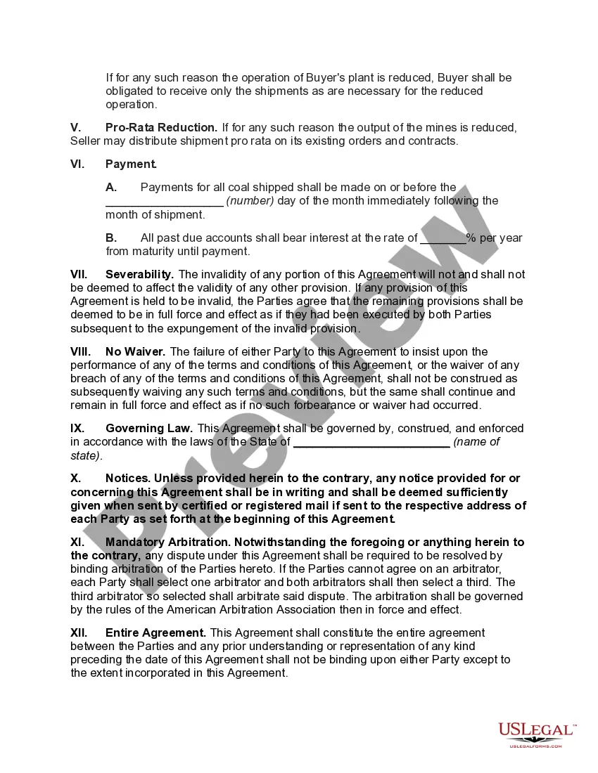 Preview Coal Sales Agreement of Fixed Quantity per Year