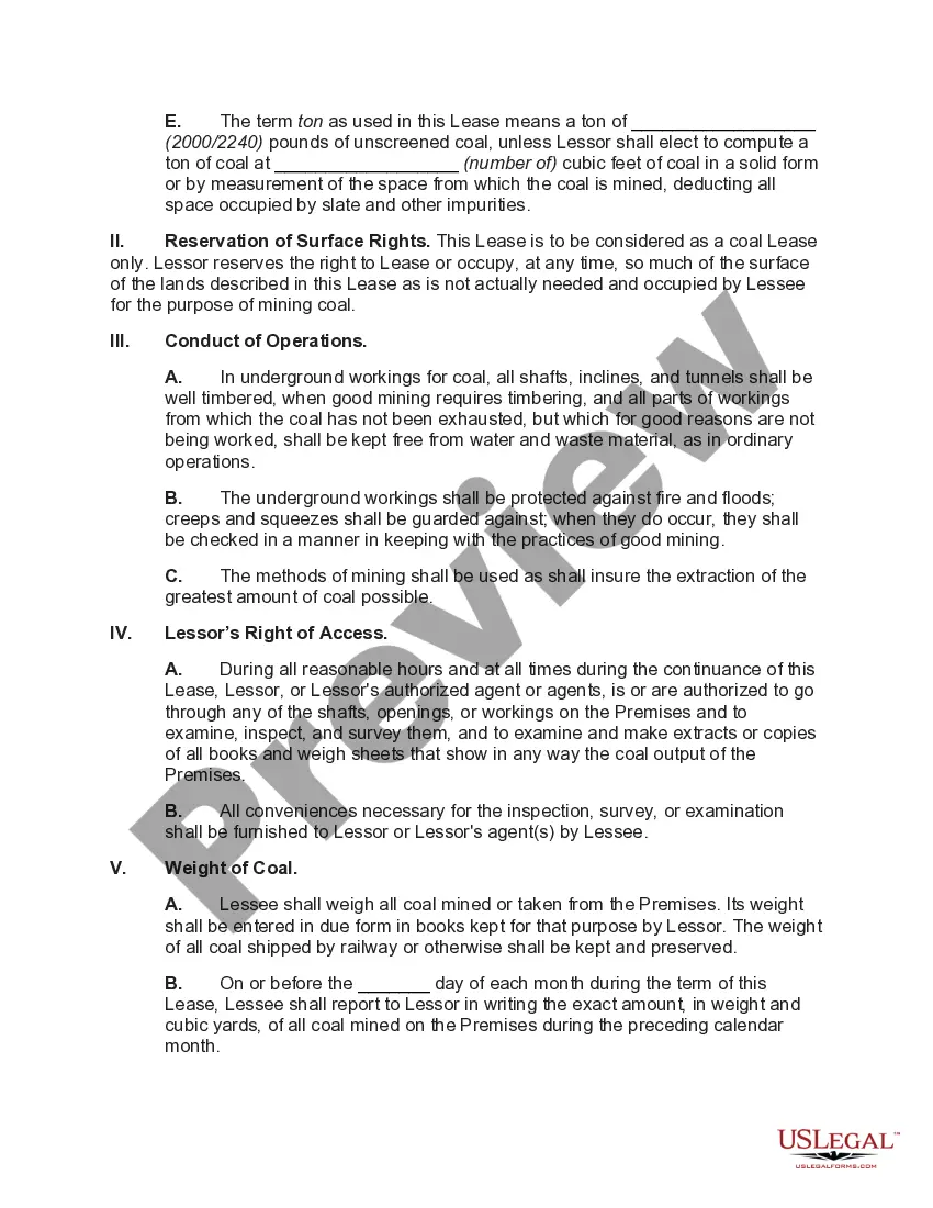 Get General Form of Coal Mining Lease Preview General Form of Coal Mining Lease