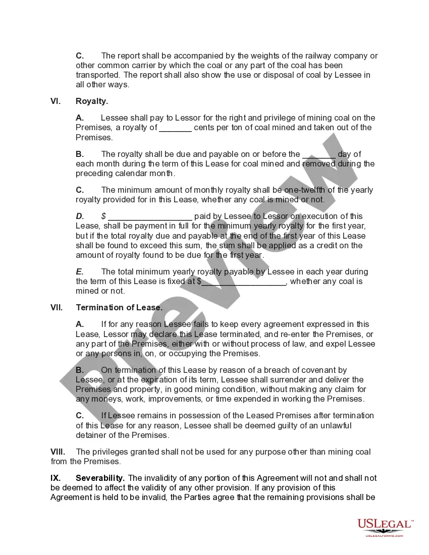 Get General Form of Coal Mining Lease Preview General Form of Coal Mining Lease