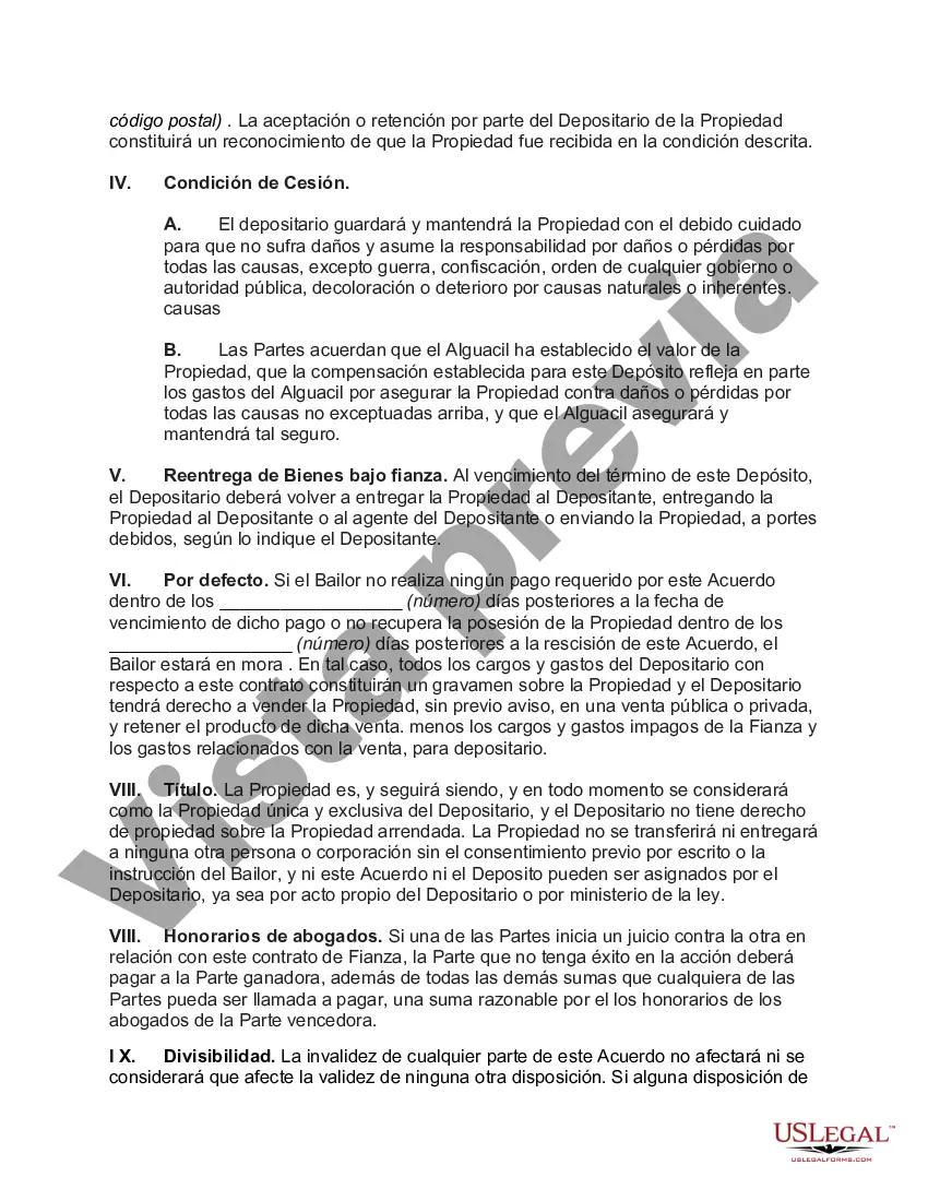 Preview Acuerdo de depósito con el depositario para mantener y cuidar la propiedad y asumir la responsabilidad