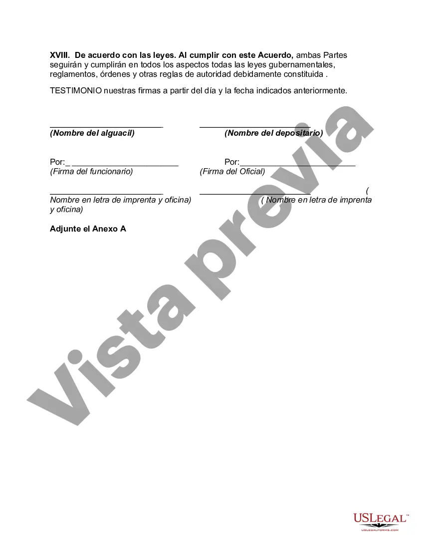 Preview Acuerdo de depósito con el depositario para mantener y cuidar la propiedad y asumir la responsabilidad