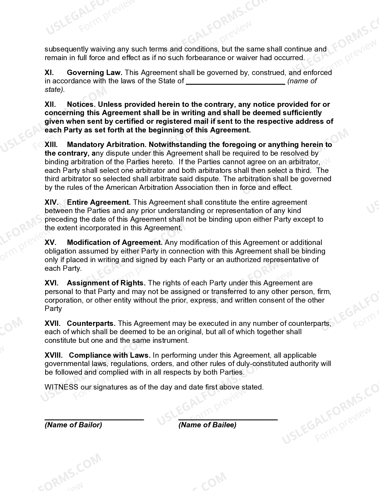 North Carolina Bailment Agreement with Bailee to Maintain and Care for