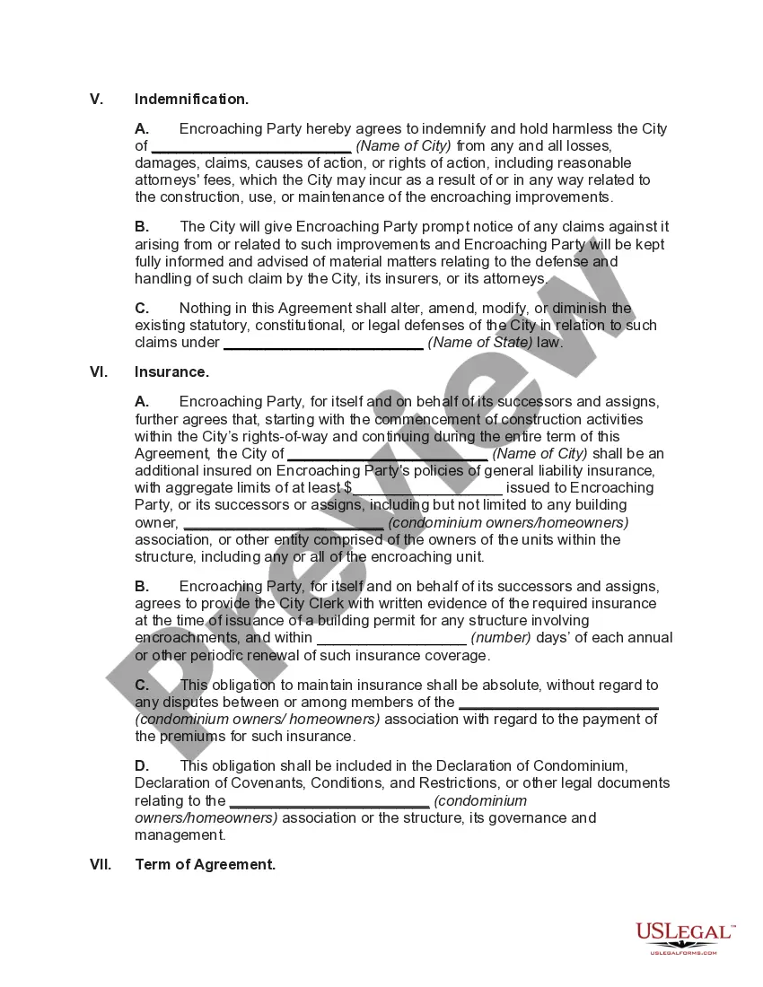 Preview Agreement between Municipality and Owner of Land Adjoining Public Right-of-Way - Encroachment of Building's Canopy over Sidewalk