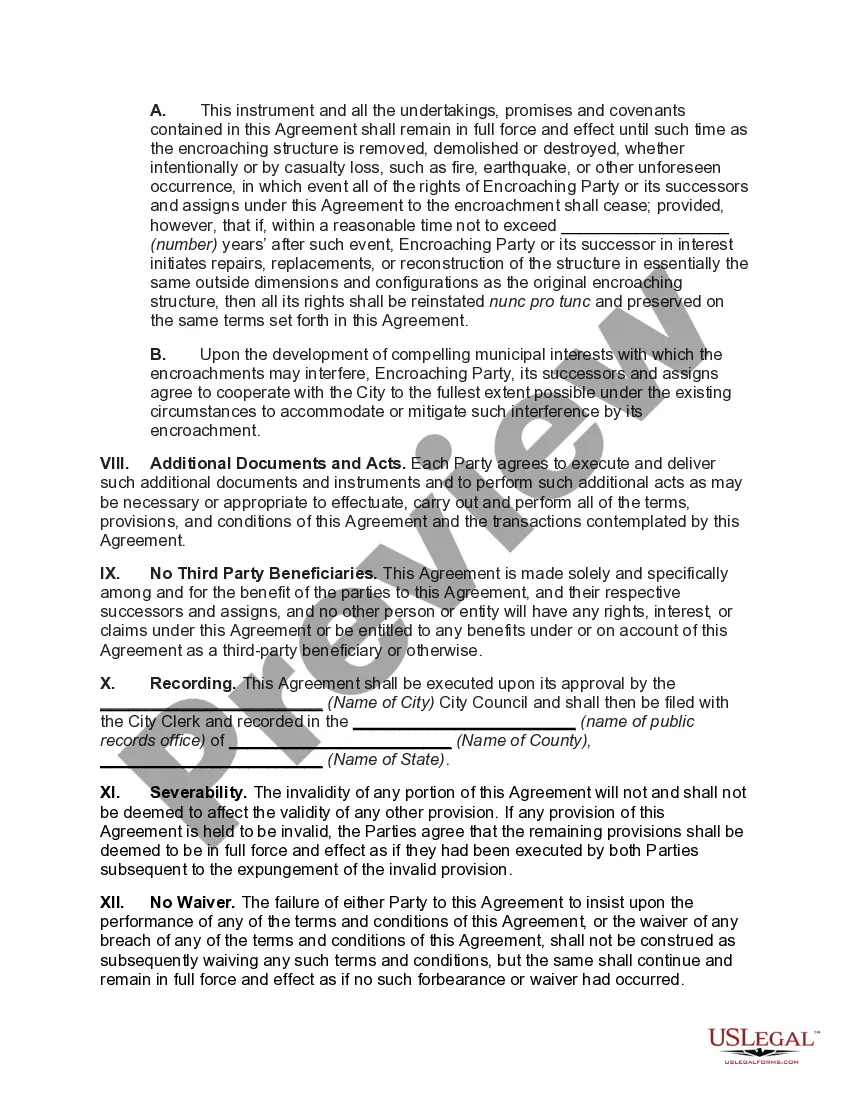 Preview Agreement between Municipality and Owner of Land Adjoining Public Right-of-Way - Encroachment of Building's Canopy over Sidewalk