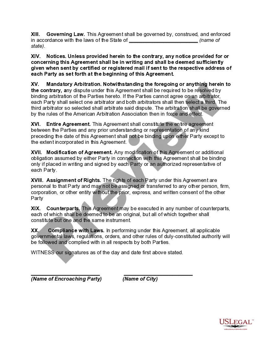 Preview Agreement between Municipality and Owner of Land Adjoining Public Right-of-Way - Encroachment of Building's Canopy over Sidewalk