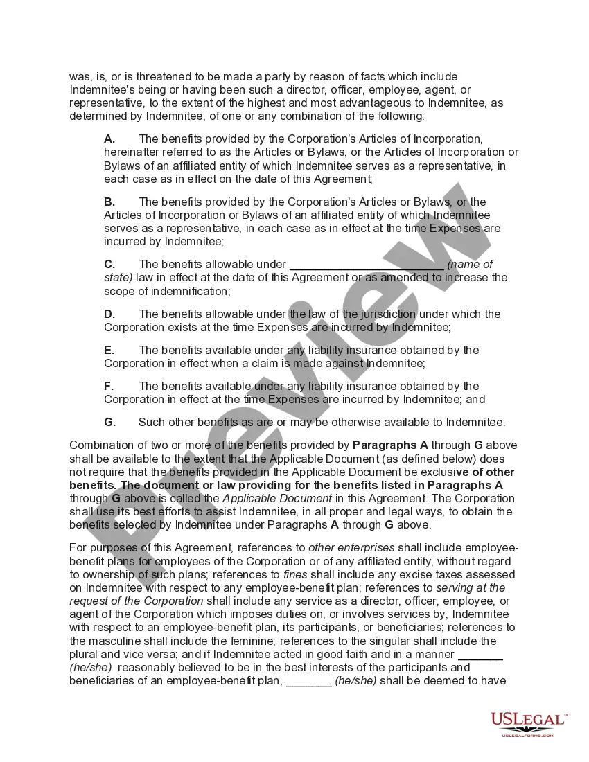 Preview Indemnification Agreement for the Benefit of Corporate Director, Officer, Employee, Agent, or Representative