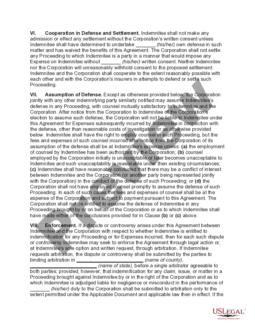 Preview Indemnification Agreement for the Benefit of Corporate Director, Officer, Employee, Agent, or Representative