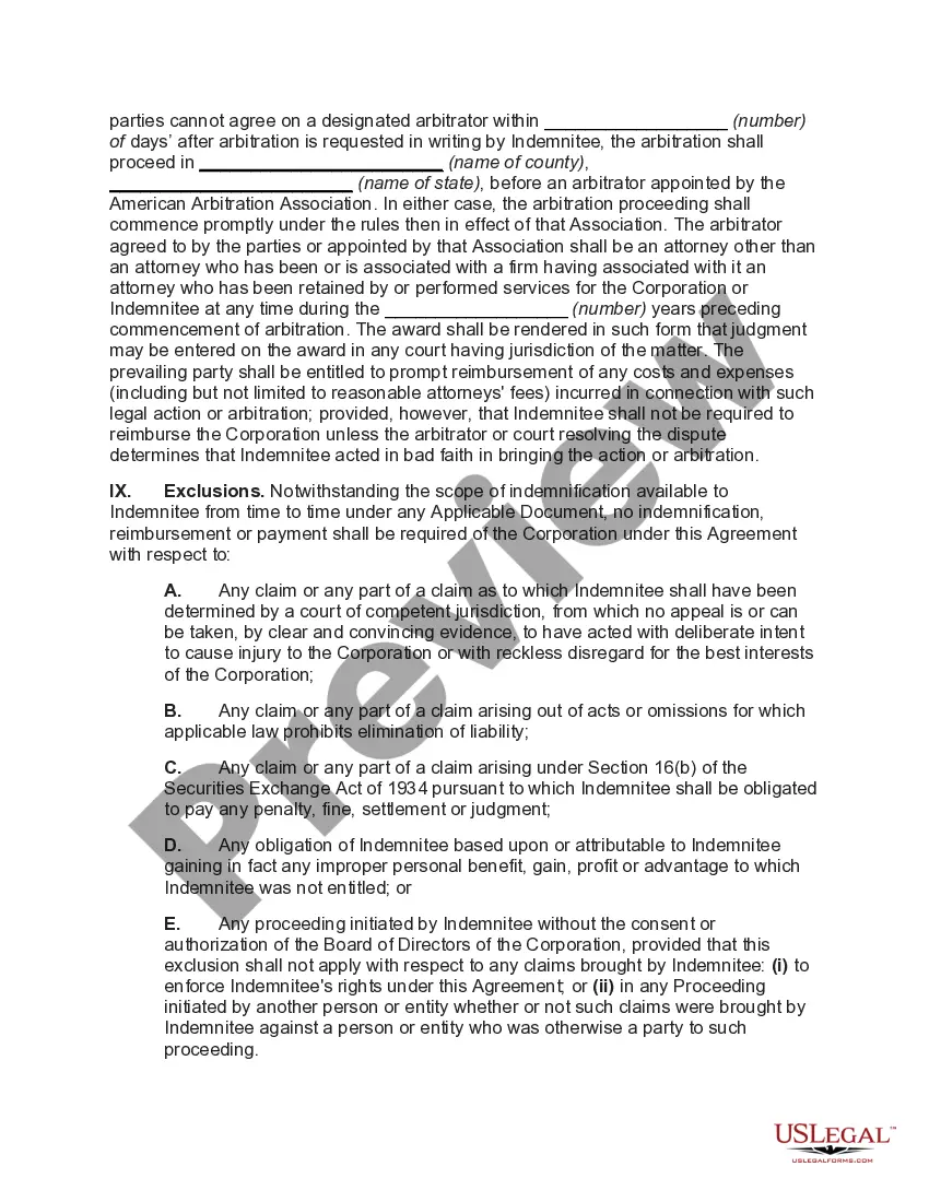 Preview Indemnification Agreement for the Benefit of Corporate Director, Officer, Employee, Agent, or Representative