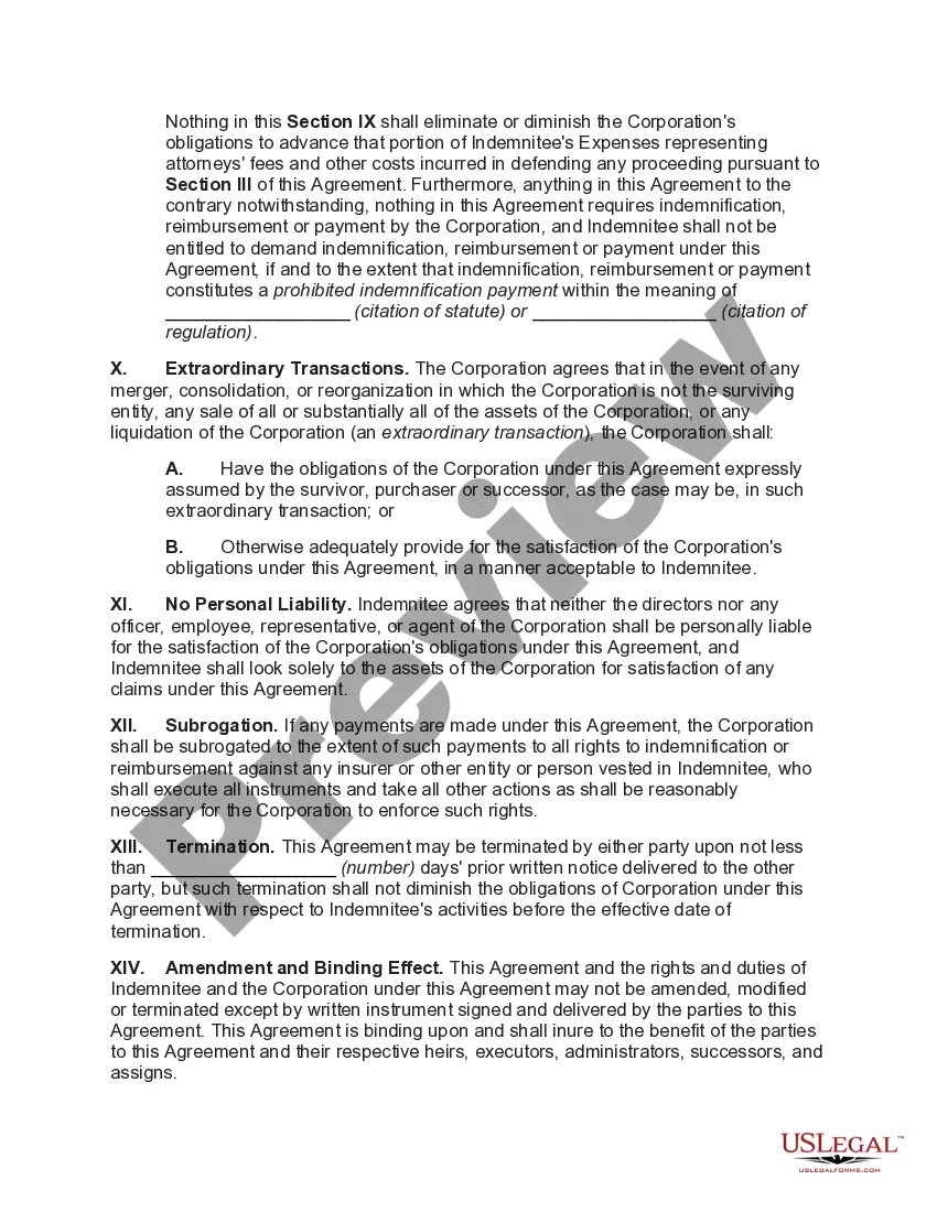 Preview Indemnification Agreement for the Benefit of Corporate Director, Officer, Employee, Agent, or Representative