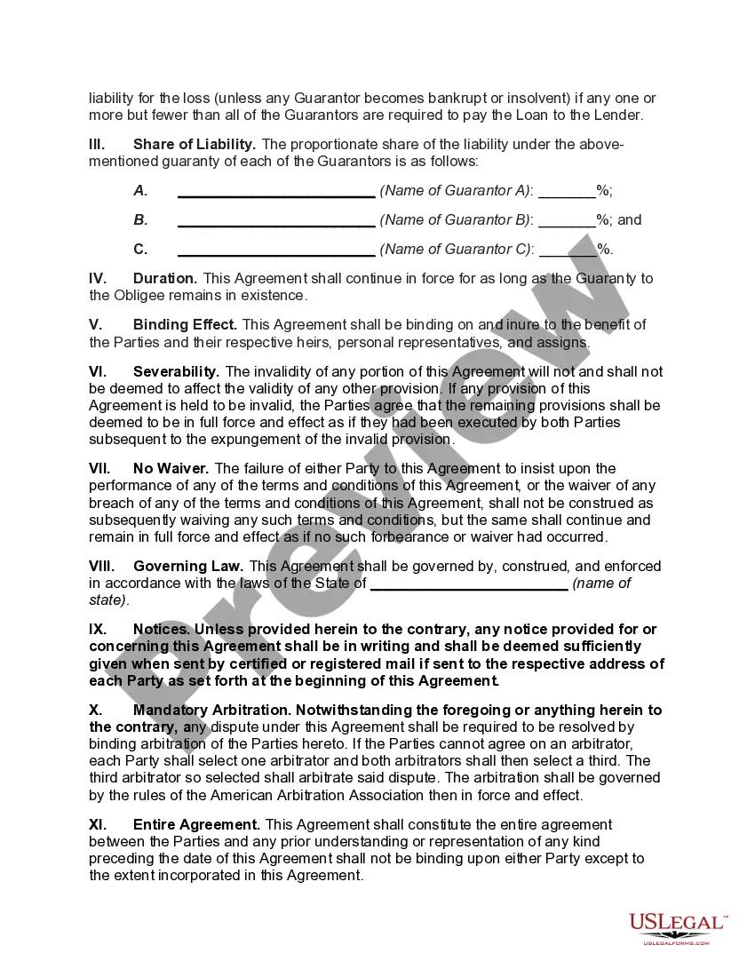 Preview Indemnification Agreement between Shareholders who have Jointly and Severally Guaranteed Debt of Corporation