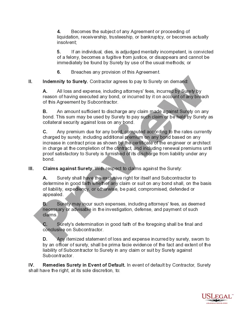 Preview Indemnification of Surety by Subcontractor on Contractor's Bond