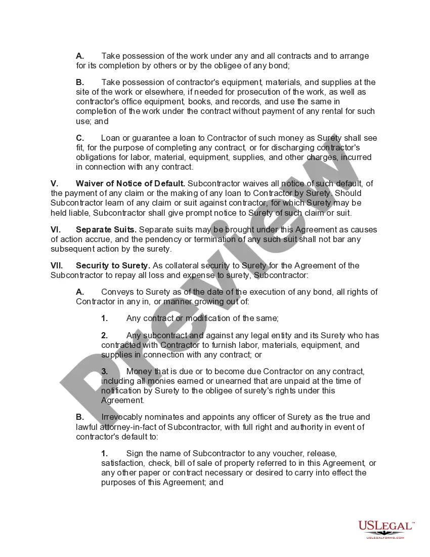 Preview Indemnification of Surety by Subcontractor on Contractor's Bond