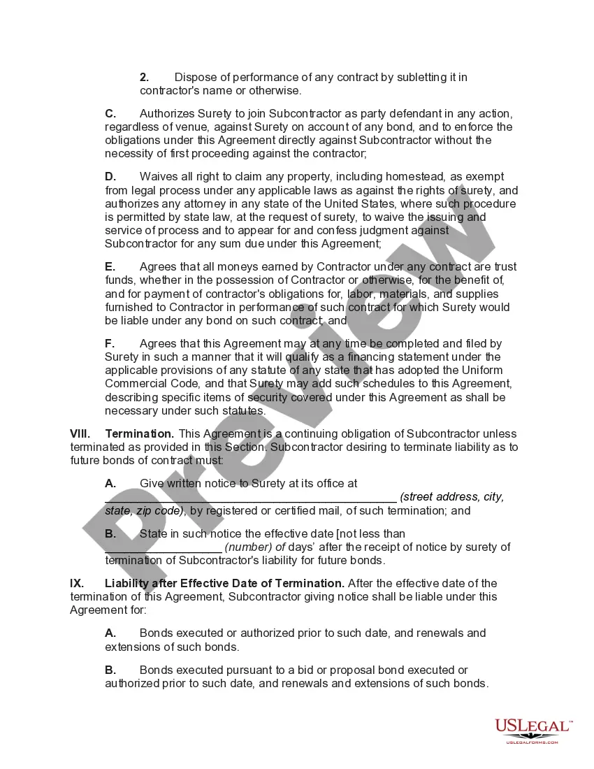 Preview Indemnification of Surety by Subcontractor on Contractor's Bond