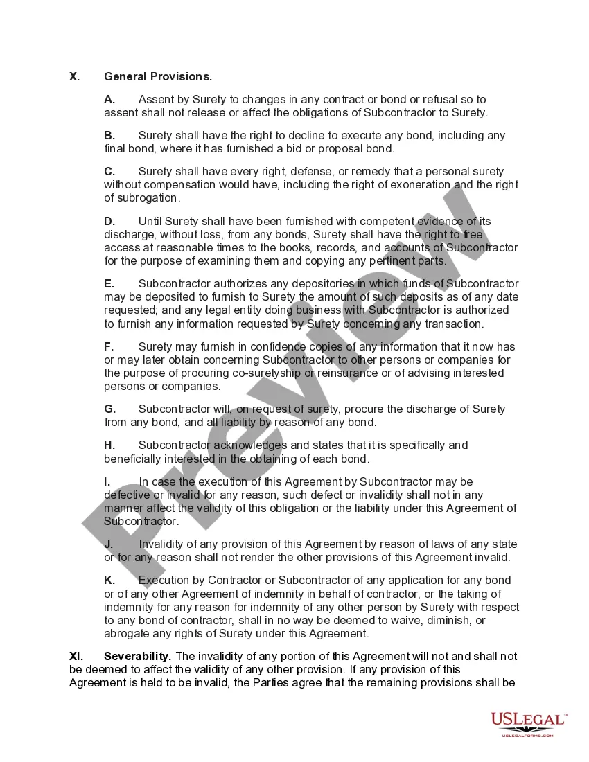 Preview Indemnification of Surety by Subcontractor on Contractor's Bond