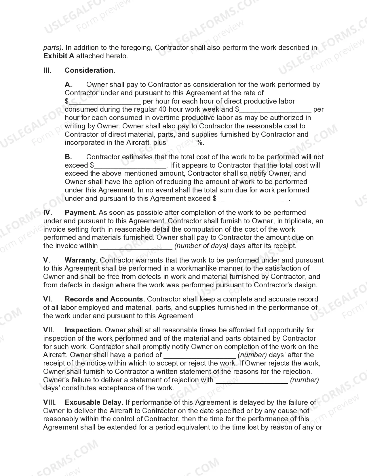 Preview Agreement for the Repair of an Aircraft