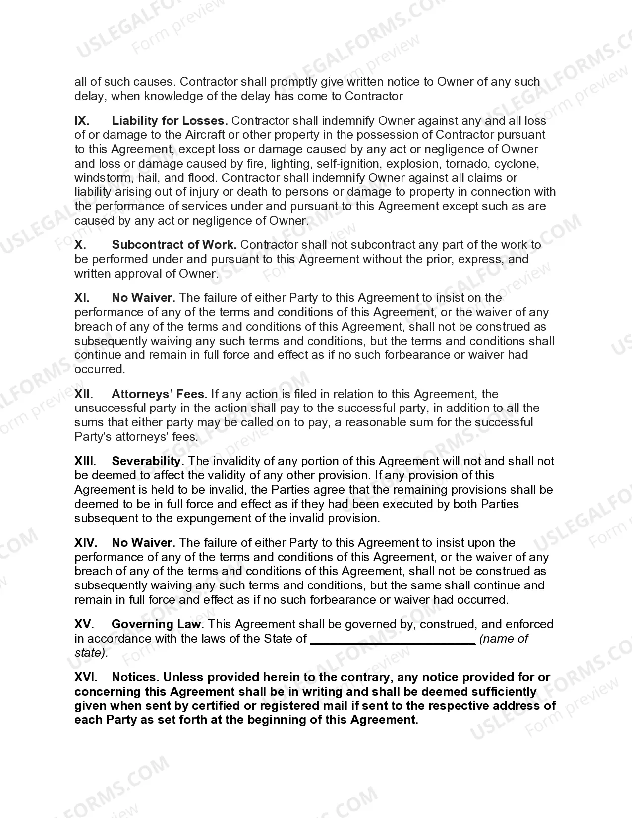 Preview Agreement for the Repair of an Aircraft