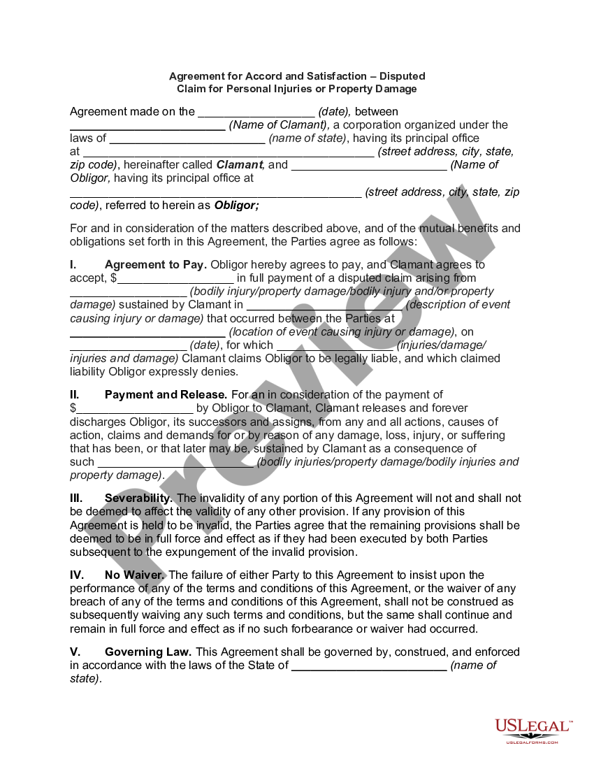 Agreement for Accord and Satisfaction – Disputed Claim for Personal ...