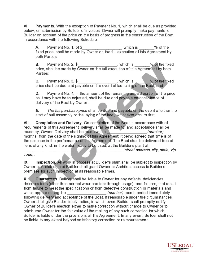 Preview Agreement for Sale of Boat with Boat to be Built in Accordance with Plans of Architect
