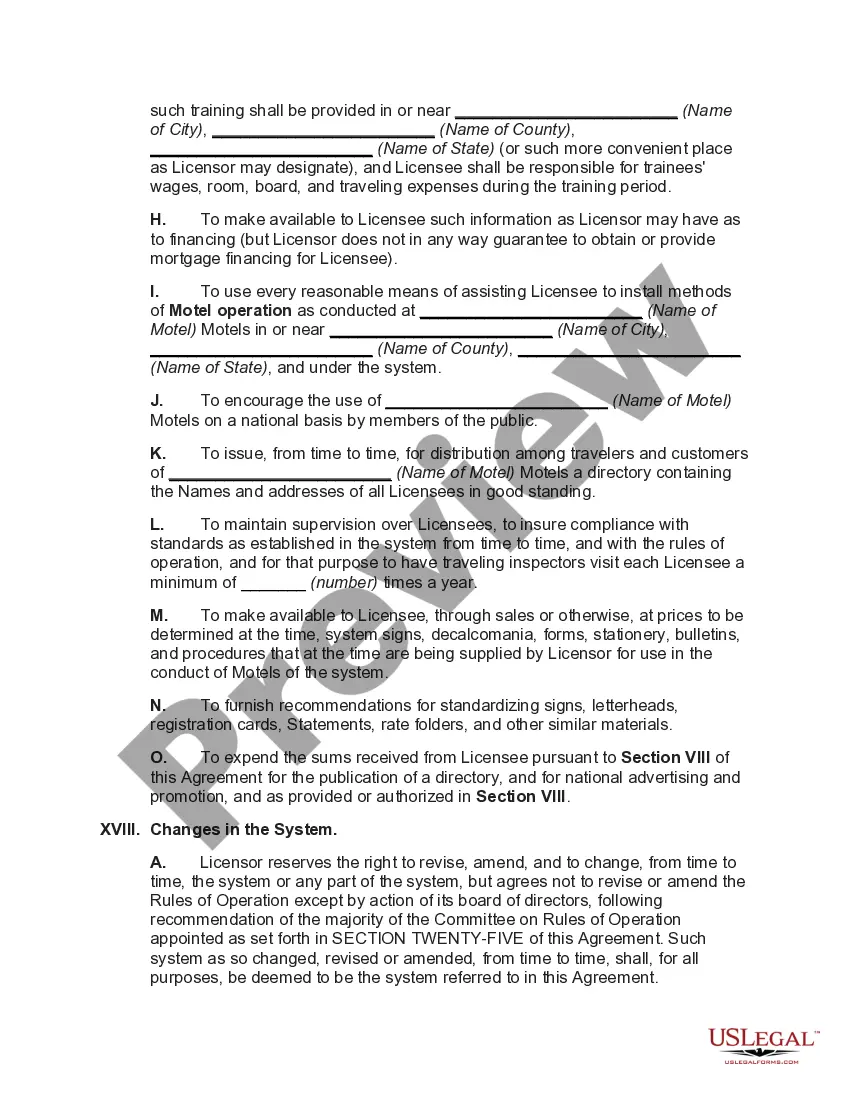 Preview Franchise Agreement for the Operation of a Motel with Motel to be Constructed