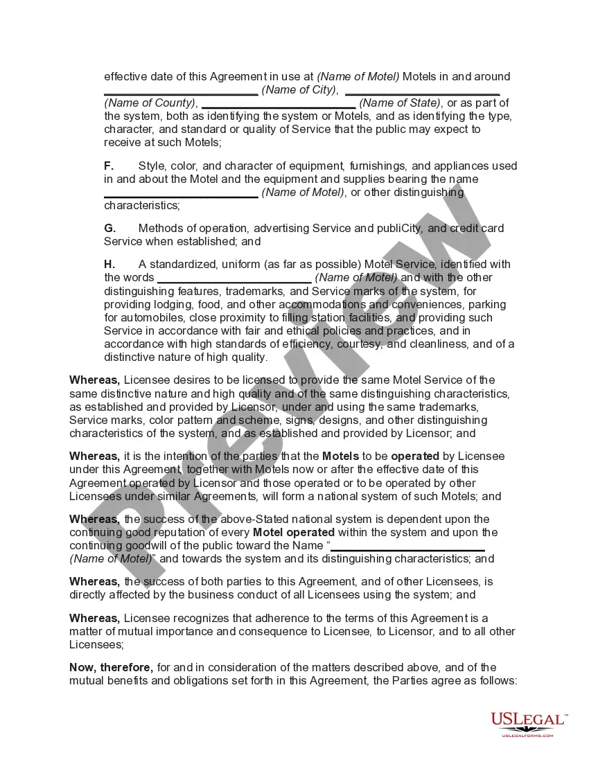Preview Franchise Agreement for the Operation of a Motel with Motel to be Constructed