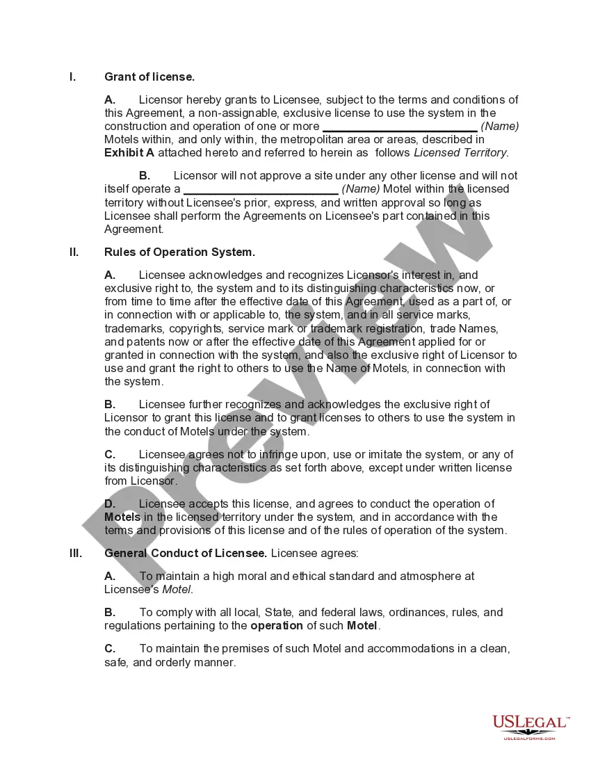 Preview Franchise Agreement for the Operation of a Motel with Motel to be Constructed