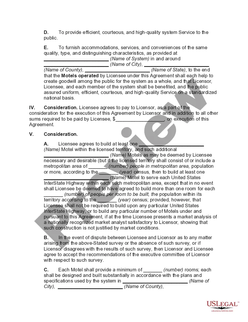 Preview Franchise Agreement for the Operation of a Motel with Motel to be Constructed