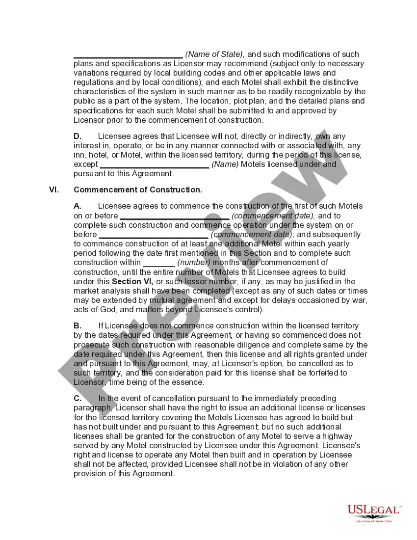 Preview Franchise Agreement for the Operation of a Motel with Motel to be Constructed