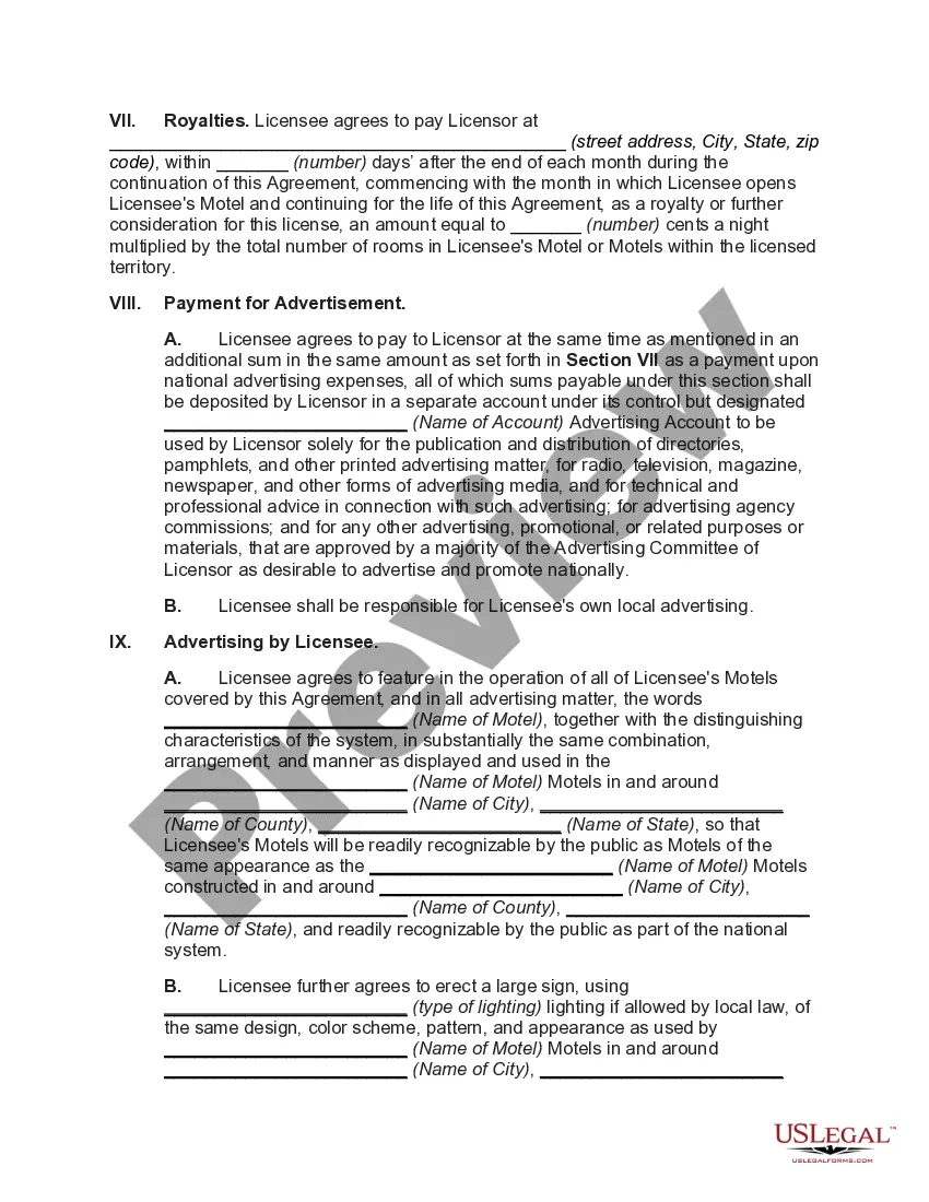 Preview Franchise Agreement for the Operation of a Motel with Motel to be Constructed