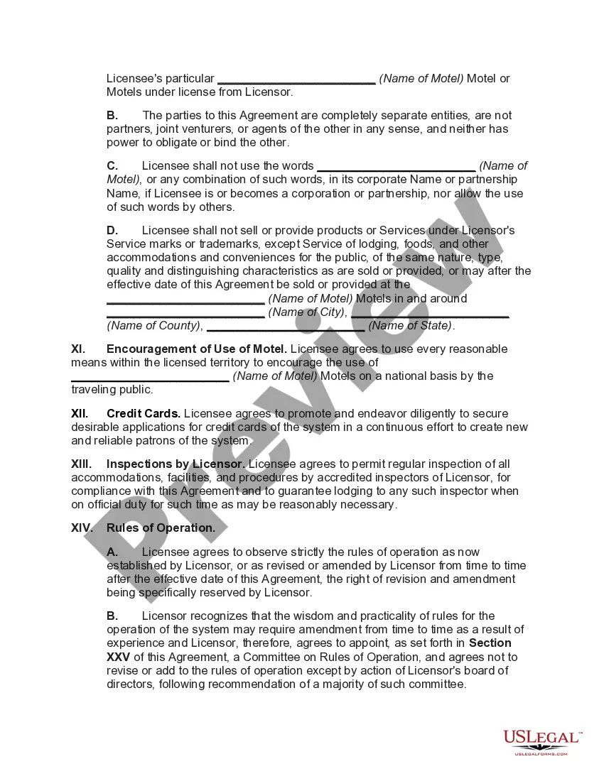 Preview Franchise Agreement for the Operation of a Motel with Motel to be Constructed