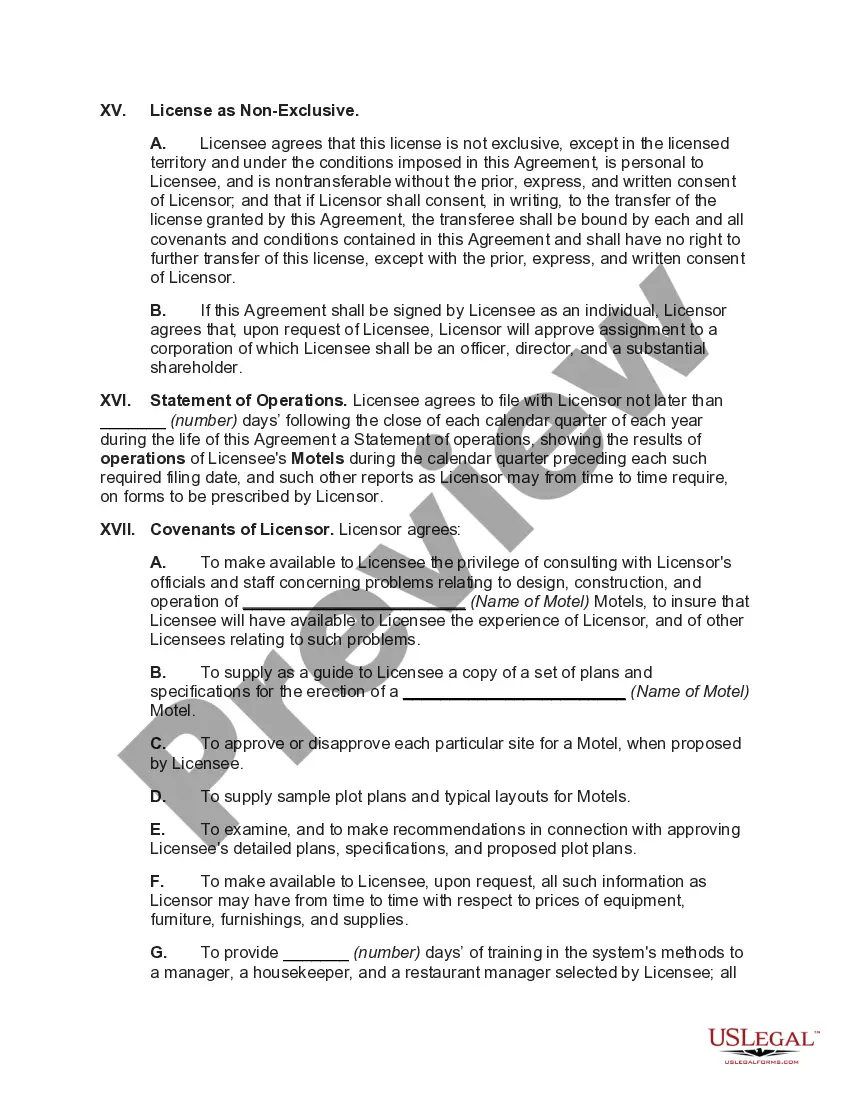 Preview Franchise Agreement for the Operation of a Motel with Motel to be Constructed