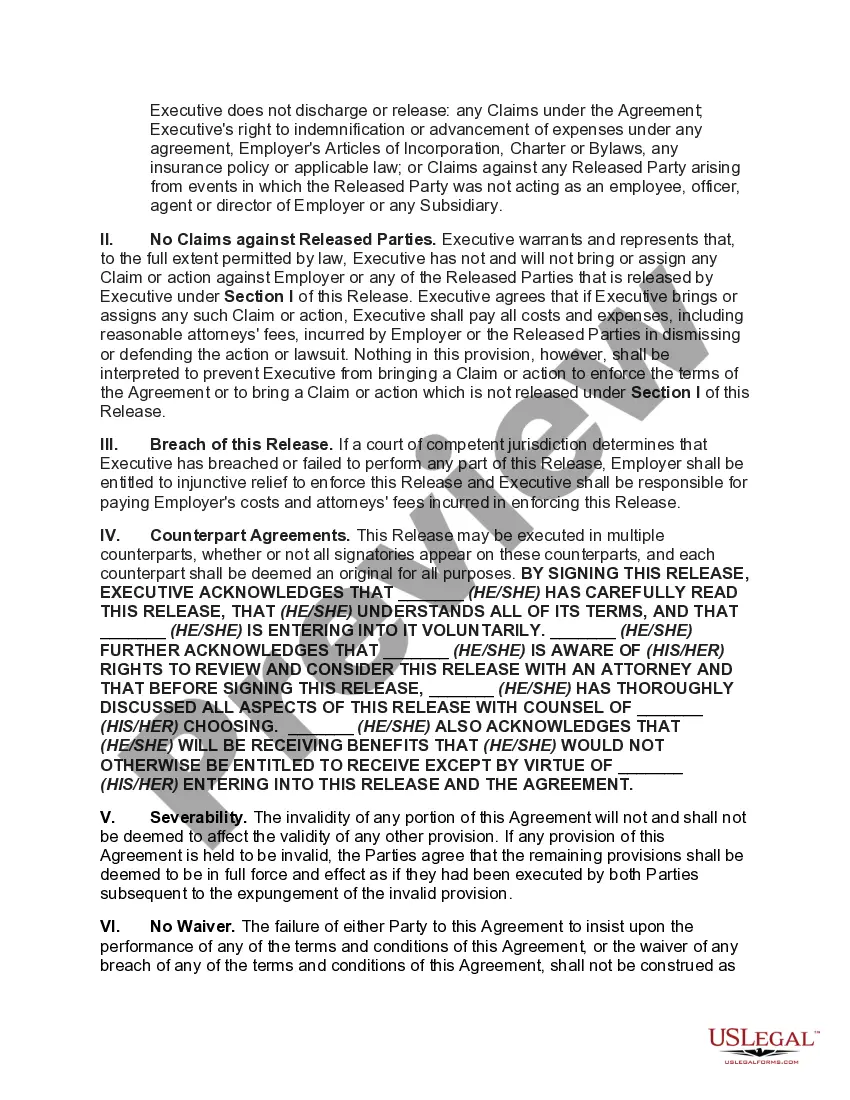 Get Accord and Satisfaction and Release Agreement between Employer and Executive Employee Pursuant to a Severance Agreement Preview Accord and Satisfaction and Release Agreement between Employer and Executive Employee Pursuant to a Severance Agreement